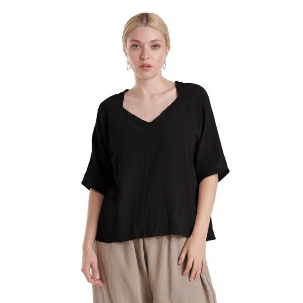 Oh My Gauze Erin Relaxed Cotton Blouse 3 (US XXL+) Black Coastal Lagenlook Beach